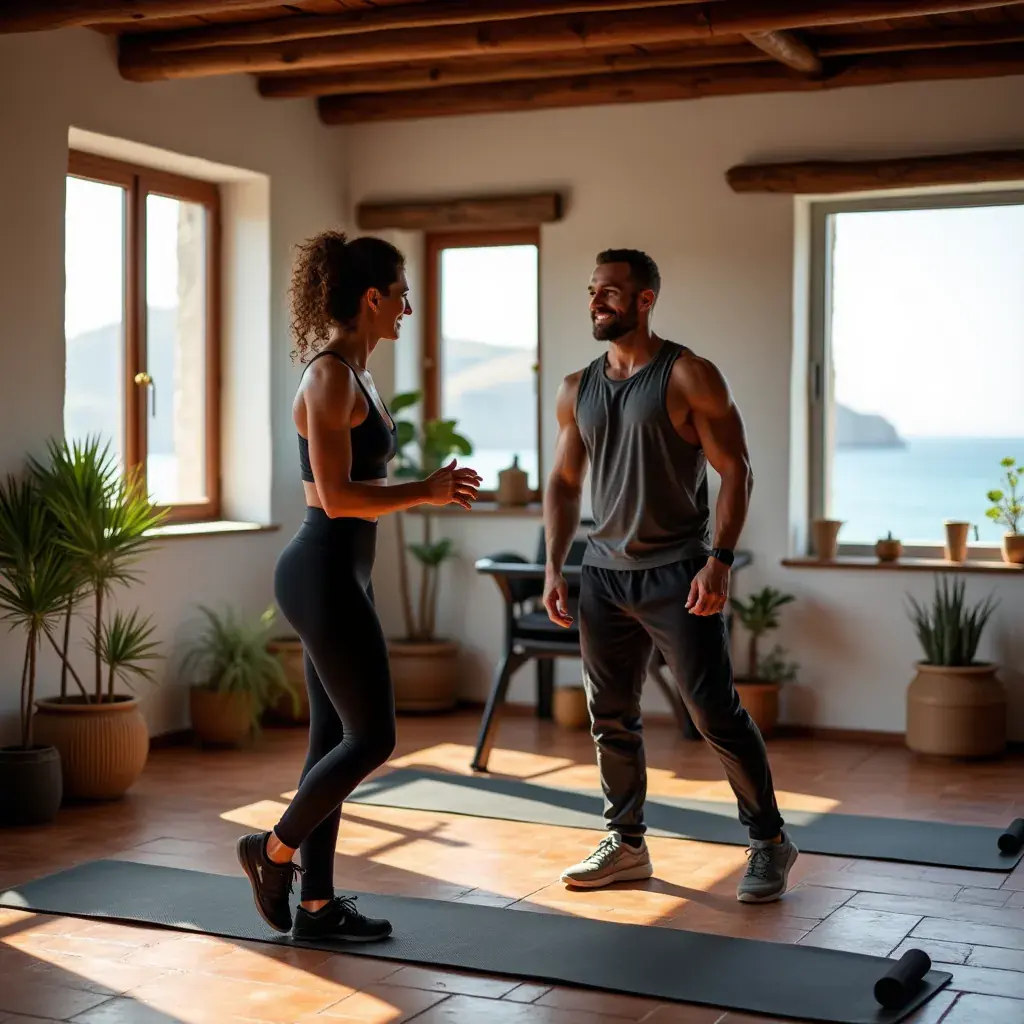 Entrenador demostrando una técnica de levantamiento de pesas a un cliente.