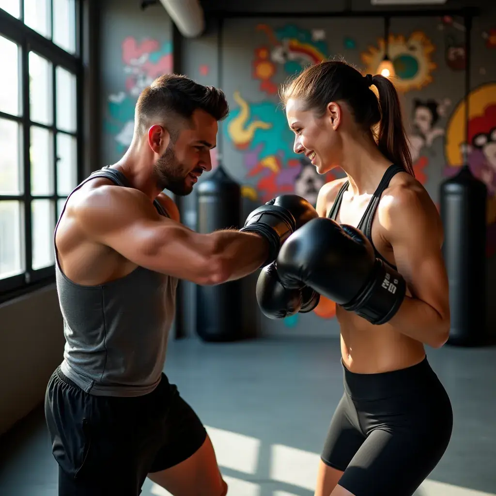 Entrenador personal guiando a un cliente durante una sesión de entrenamiento individual.